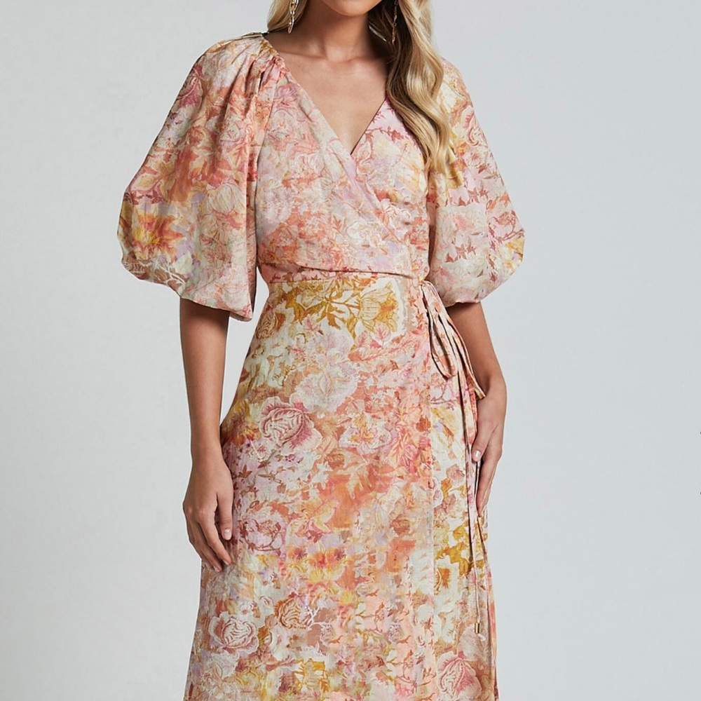 AMALIE THE LABEL - SANTANA LINEN BLEND PUFF SLEEVE WRAP MIDI DRESS